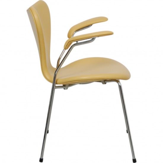 Arne Jacobsen Seven armchair reupholstered in yellow Paloma leather