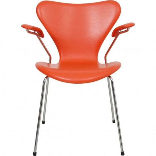 Arne Jacobsen Seven armchair reupholstered in orange Paloma leather