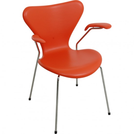 Arne Jacobsen Seven armchair reupholstered in orange Paloma leather