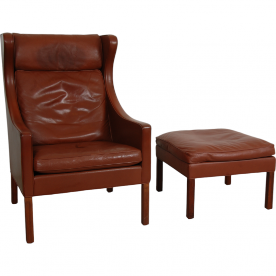 Børge Mogensen Wingchair with ottoman in brown leather