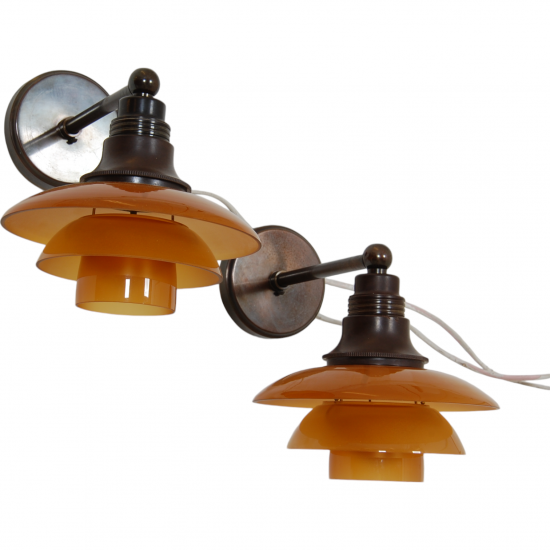 Poul Henningsen set wall lamps with amber glass shades