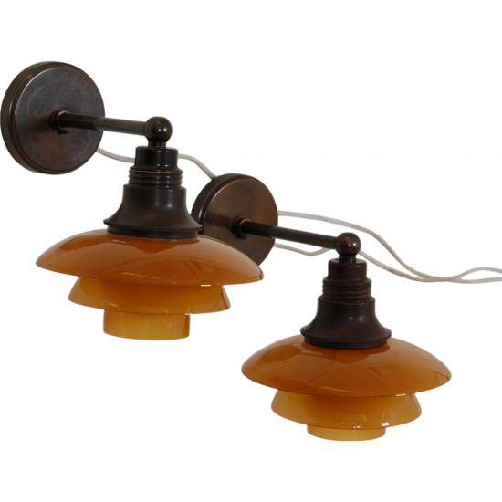 Poul Henningsen set wall lamps with amber glass shades